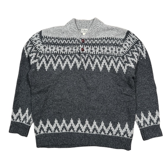 LL Bean Lambswool Wool Fair Isle Knit Gray Thick Henley Sweater Mens XL Reg - Picture 1 of 8